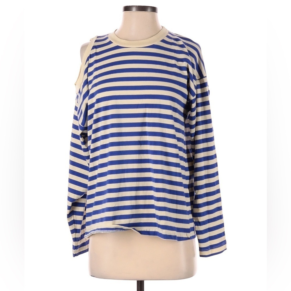 Solotre Italian Designer Blue and White Cold Shoulder T Shirt Size 1 IT